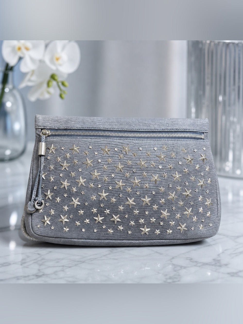 ✨ Authentic Jimmy Choo Star Studded Clutch —Steel Blue-Gray | COA Card Included
